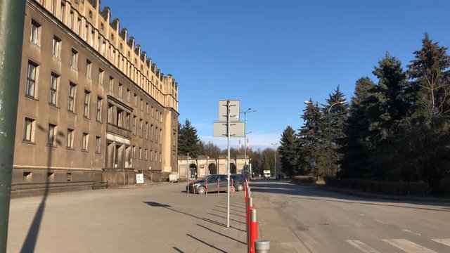KRAKOW, NOWA HUTA, POLAND - MARCH 11, 2018: ArcelorMittal Poland, Huta im. Tadeusza Sendzimira o/p main entrance