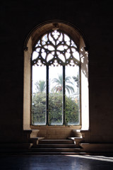 huge church window with palm trees outside