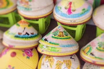 Fototapeta na wymiar Asian Cone Hat Handicraft. Vietnam Style Cone Hat. Selective Focus.