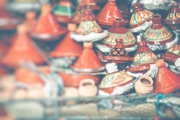 Naklejka premium Selection of very colorful Moroccan tajines. Selective Focus.