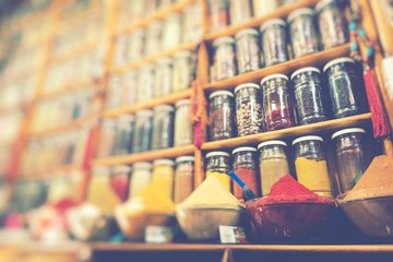 Traditional spices market in Morocco. Selective Focus.