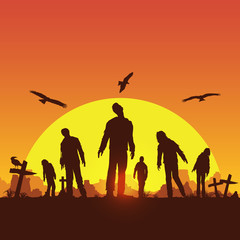 Fototapeta na wymiar Silhouette of zombies walking at graveyard, Vector Illustration