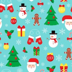 Cute vector seamless pattern with flat icons for Happy New Year and Christmas Day. Festive background with Santa Claus, Christmas tree, balls, gift box, snowflakes for print, decoration, wallpaper.
