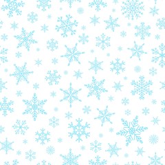 Vector Christmas seamless pattern. Cute background with blue snowflakes in different shapes and forms. Many cold flake elements on white background, Xmas concept. Snow flakes illustration.