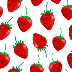 Cute vector seamless pattern with sweet strawberries and leaves. Summer fruit in cartoon style. Beautiful background for textile, wrapping, textile, fabric, print. Sweet red ripe strawberries on white
