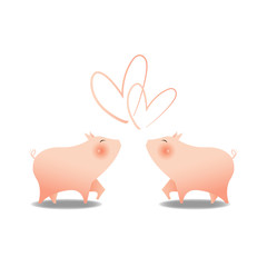 two little cute pigs smile with big pink cheek facing each other with heart shape upper for love emotion , isolated on white background. Happy Chinese New Year