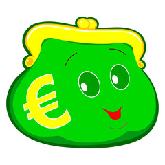 Flat drawing of a green wallet. Wallet with eyes . Euro sign on the wallet. Smiling cartoon wallet. Isolated, white. Vector