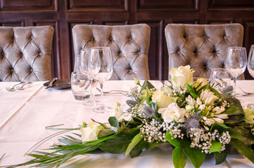 Wedding Flwoer Bouquet on Restaurant Table