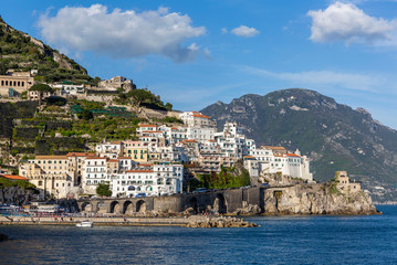 View of Amalfi town and Saracen Tower, Italy