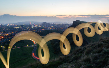 Long Exposure Light Trail Swirls over Edinburgh City
