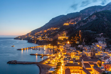 Evening view of Amalfi town, Italy