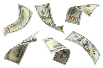 Fotobehang Set of flying 100 dollars banknotes, isolated on white background © Yeti Studio