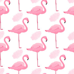 Obraz premium Graceful flamingos and fern leaves. Tropical summer seamless pattern.