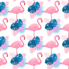 Naklejka premium Graceful flamingos, monstera, fern and palm leaves. Tropical summer seamless pattern.