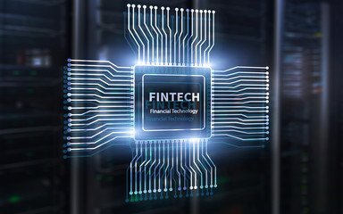 Fintech icon on abstract financial technology background. Cpu icon on server room data center blurred background.