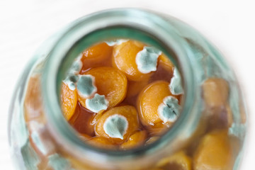 Green mold on slices of canned apricots in a glass jar