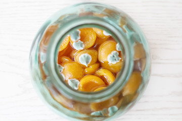  Green mold on slices of canned apricots in a glass jar