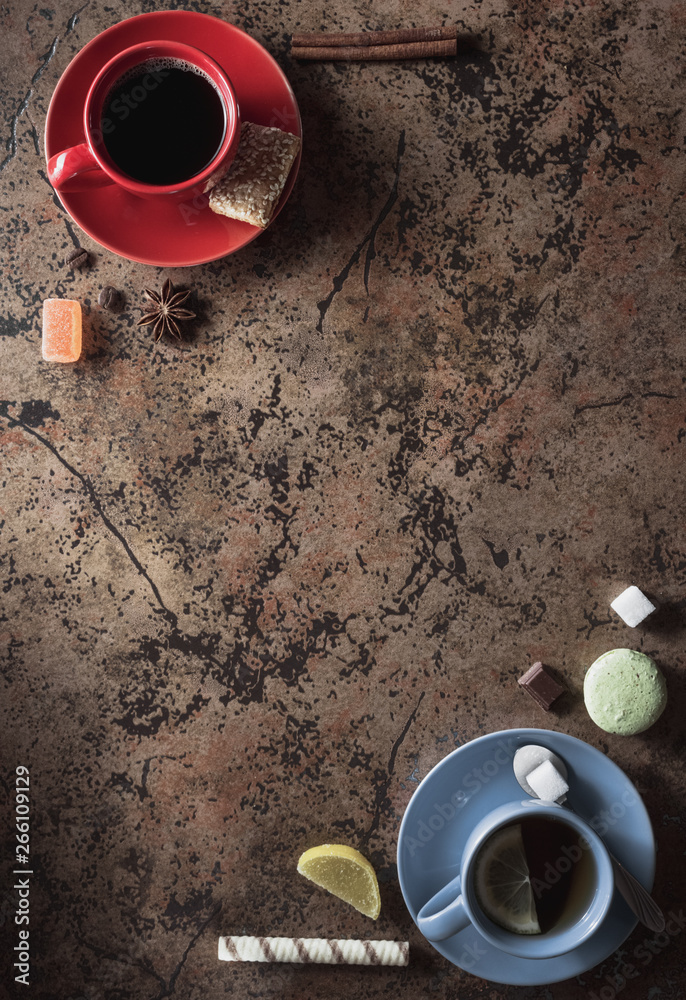 Poster cup of coffee and tea on table