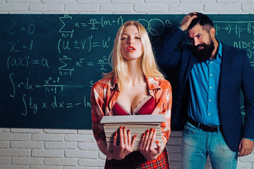 Falling in love in university. Workplace romance of handsome man and sexy woman in university....