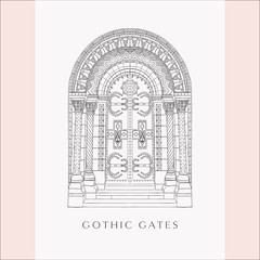 Gothic Gate. Hand Drawn Sketch Vintage Doors.
