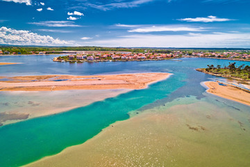 Historic town of Nin laguna and beach sandbars aerial view