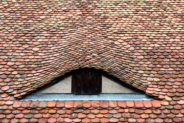 Historic roof detail seen in Rothenburg ob der Tauber, a town in Bavaria, Germany