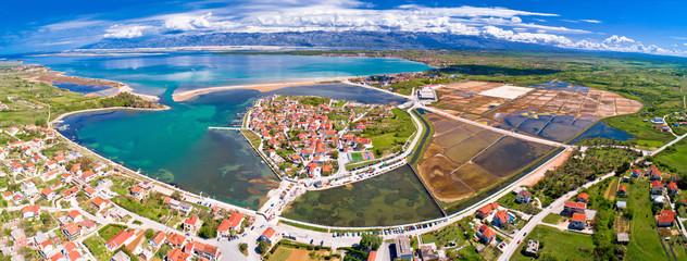 Historic town of Nin laguna and salt fields aerial panoramic view