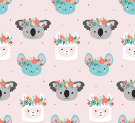 Cute koala, llama and mouse heads with flower crown, vector seamless pattern design for nursery, poster, birthday greeting card © Marina Zlochin