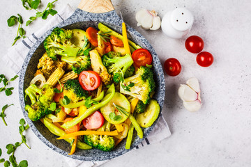 Fried broccoli, peppers, corn, zucchini and tomatoes in pan on a white background.