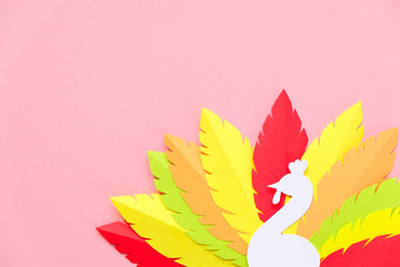 multi-colored turkey tail made of paper on a pink background