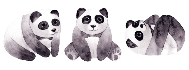 Fototapeta premium Watercolor hand painted cute panda. Pandas isolated on white background. Hand drawn clipart for baby shower, stickers