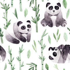 Seamless pattern. Watercolor hand painted cute panda. Pandas isolated on white background. Hand drawn patterns for baby