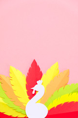 multi-colored turkey tail made of paper on a pink background