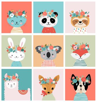 Cute foxes heads with flower crown, vector seamless pattern design for nursery, poster, birthday greeting cards