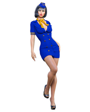 Beautiful tall woman Stewardess.Air hostess flight girl.Short blue uniform dress, black pantyhose.Conceptual fashion art.Green eyes.Seductive candid pose.3D render isolate illustration.