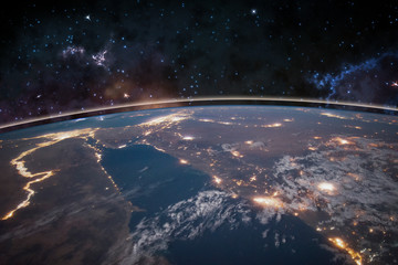 Picture of Earth in space, stars all around, night sky. Elements of this image furnished by NASA.