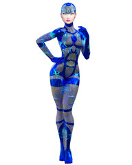 Cyborg droid robot woman futuristic metallic neon suit.Squama armor.Extravagant fashion art.Girl standing candid provocative pose.Realistic 3D rendering isolate illustration.Comic hero.