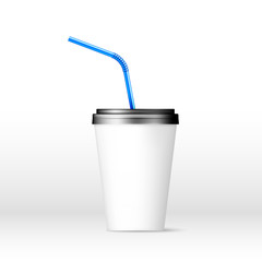 Drink paper cup with blue straw on white background. Vector illustration