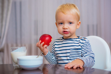 Boy cute baby eating breakfast. Baby nutrition. Eat healthy. Toddler having snack. Healthy nutrition. Vitamin concept. Child eat apple. Kid cute boy sit at table with plate and food. Healthy food