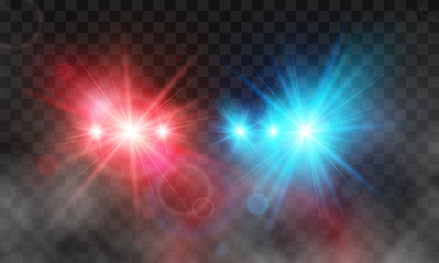 Flash red and blue light police car siren in fog. Vector illustration isolated on transparent background - obrazy, fototapety, plakaty