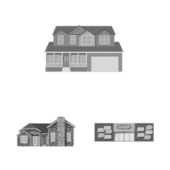Vector illustration of building and front icon. Set of building and roof stock vector illustration.