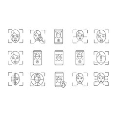 Facial recognition linear icons set