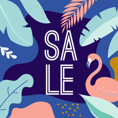 Summer Sale poster with tropic leaves and flamingo, banner and background in modern flat style. Vector illustration