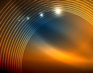 Blue neon circles, abstract circular lines. Glowing circle abstract pattern background