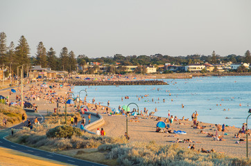 People on Elwood Beach in the inner Melbourne suburb of Elwood.