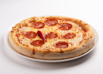 Pepperoni  salami pizza on white background