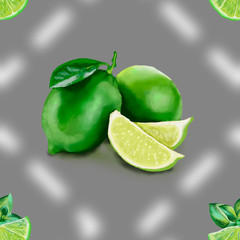 Lime with green leaves, a slice of citrus. Tropical fruits. Raw and vegetarian food. Seamless pattern illustration.
