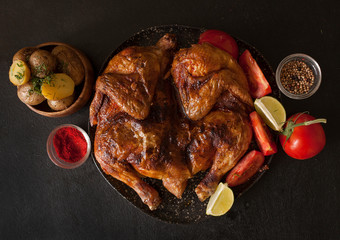 Grilled chicken Tabaka with roast potatoes on a black wooden background. The view from the top.