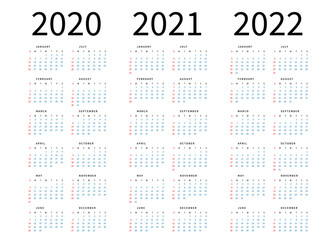 Mockup Simple calendar Layout for 2020, 2021 and 2022 years. Week starts from Sunday