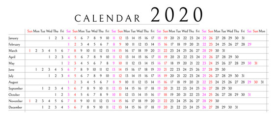 Mockup Simple calendar Layout for 2020 year. Week starts from Sunday